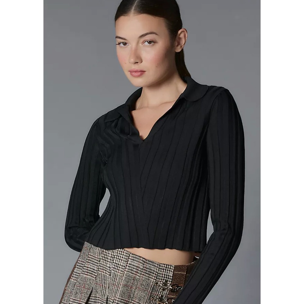 Maeve Womens Ribbed V-Neck Polo Sweater Size M Black Minimalist